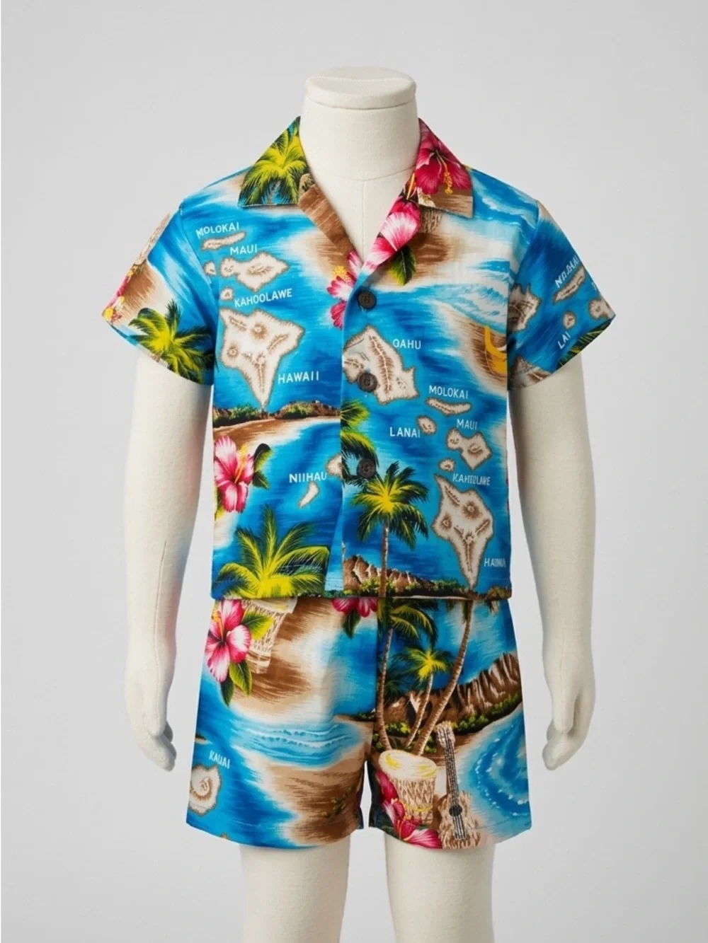 RJC Hawaiian Aloha Shirt Shorts Set Island Map Floral Tropical 12M